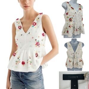 J. Crew Hand 3D Bead Embellished Peplum Babydoll Top Linen Sz.4 NWT